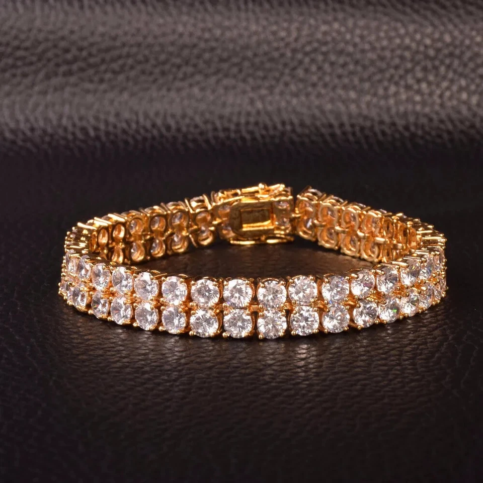 Brazalete de tenis de circonita cúbica de 2 filas Hip Hop Bling helado encanto joyería oro 24 K Foto 3 de 4