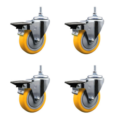 4 Inch Yellow Polyurethane 3/8 Inch Threaded Stem Caster Set with Brake