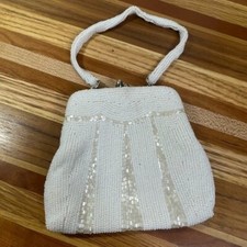 Vintage White Beaded Kiss Lock Handbag Purse Formal Made in Korea