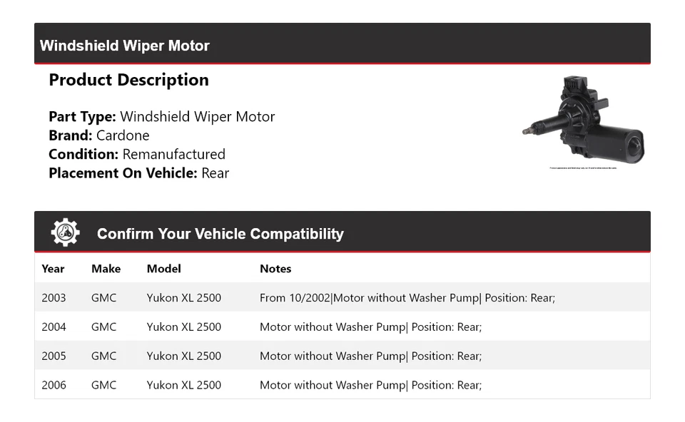 Para 2003-2006 GMC Yukon XL 2500 limpador de para-brisa motor traseiro Cardone 2004 2005 - Imagem 2 de 4