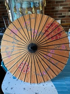 Vintage Pair Asian Umbrella Parasol Bamboo Mid Century Flowers Pink Red Orange