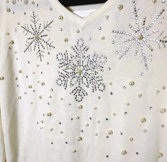 Quacker Factory Rhinestone Snowflake Sweater XS Holiday Party Christmas NWT - Image 2 of 4