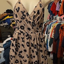 Women s Beige Black Leopard Print Strappy V-Neck Midi Slip Dress Size S
