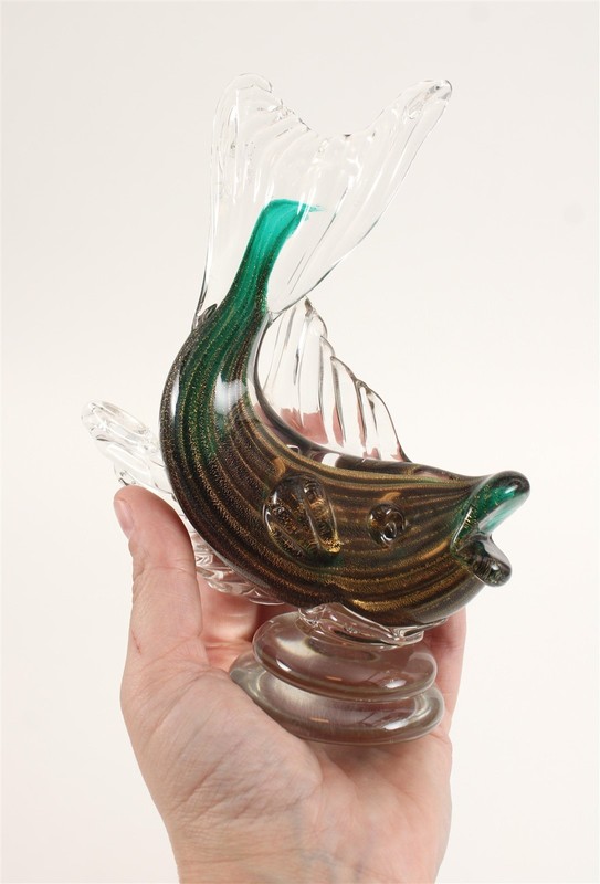 Vintage ALFRED BARBINI Italian Murano Alabastro Green Art Glass FISH Sculpture