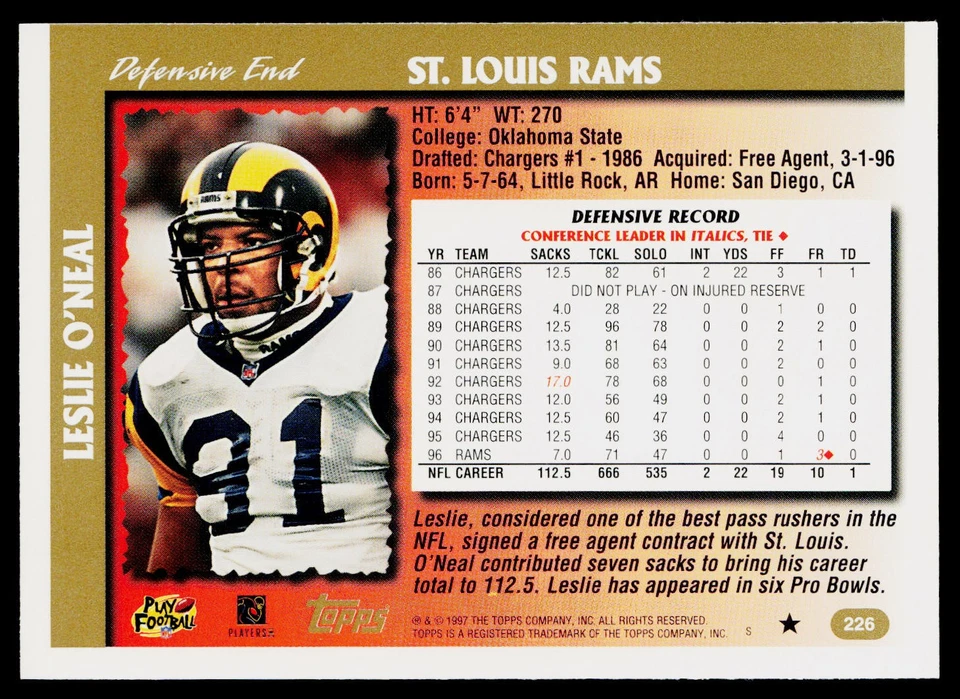 1997 Topps #226 Leslie O'Neal - Image 2 of 2