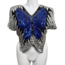 Vintage 80s Silk Sequin Butterfly Top Blue Silver Beaded Blouse Women  s Large Ma