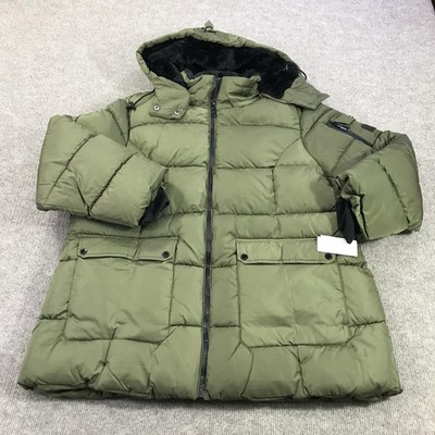 Steve Madden Jacket Mens 2XL Olive Green Hooded Puffer Full Zip Faux Fur OPA1988