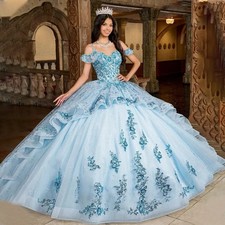 Blue Quinceanera Dress Lace Appliques Off Shoulder Corset Sweet 16 Ball Gown