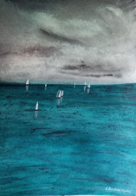 original watercolor miory landscape stormy dark beautiful sky dark turquoise sea