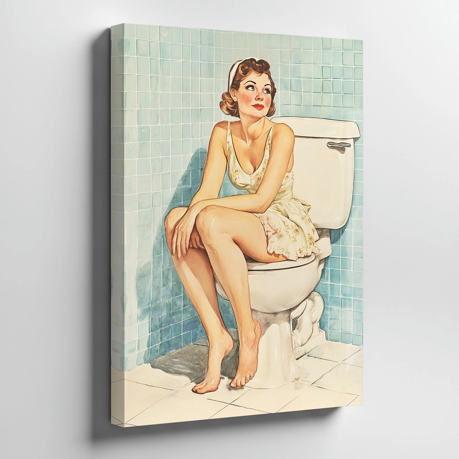 Retro Vintage Pinup Girl Bathroom Wall Art Canvas Decor Sitting On Toilet Print
