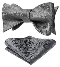 Men's Bow Ties Self Tie Woven Satin Pocket Squares Set Formal Tuxedo Grey