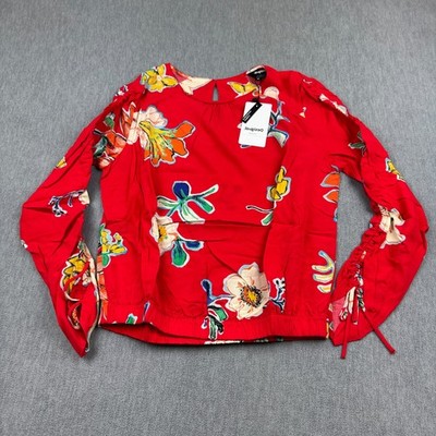 Desigual Top Women Medium Red Floral Gathered Blouse Cropped Boho Chic Landi NWT