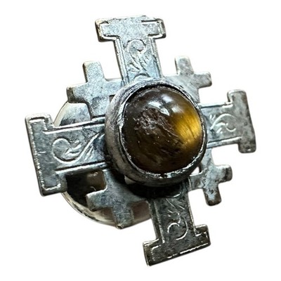 Vintage Silver Jerusalem Cross w/ Tiger s Eye - Back Stamp Pin Back
