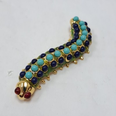 Vtg Gold Tone KJL Kenneth Jay Blue Green Caterpillar W Red Cabochon Eyes Brooch