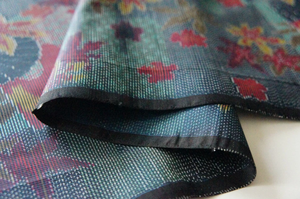 Vintage Japanese Tsumugi Silk Kimono Fabric, Green Blue Woven Maple 165cm(64") - Image 3 of 4