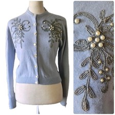 Vtg 50s 60s Pearl Embellished Cotton Cardigan...