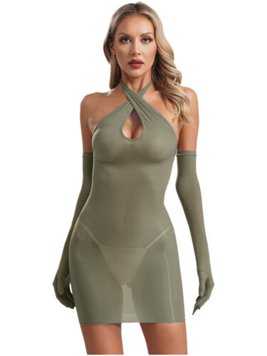 Damen Kleid mit Handschuh durchsichtig Minikleid Nylon Nachthemd ärmellos öl - Bild 20 von 31
