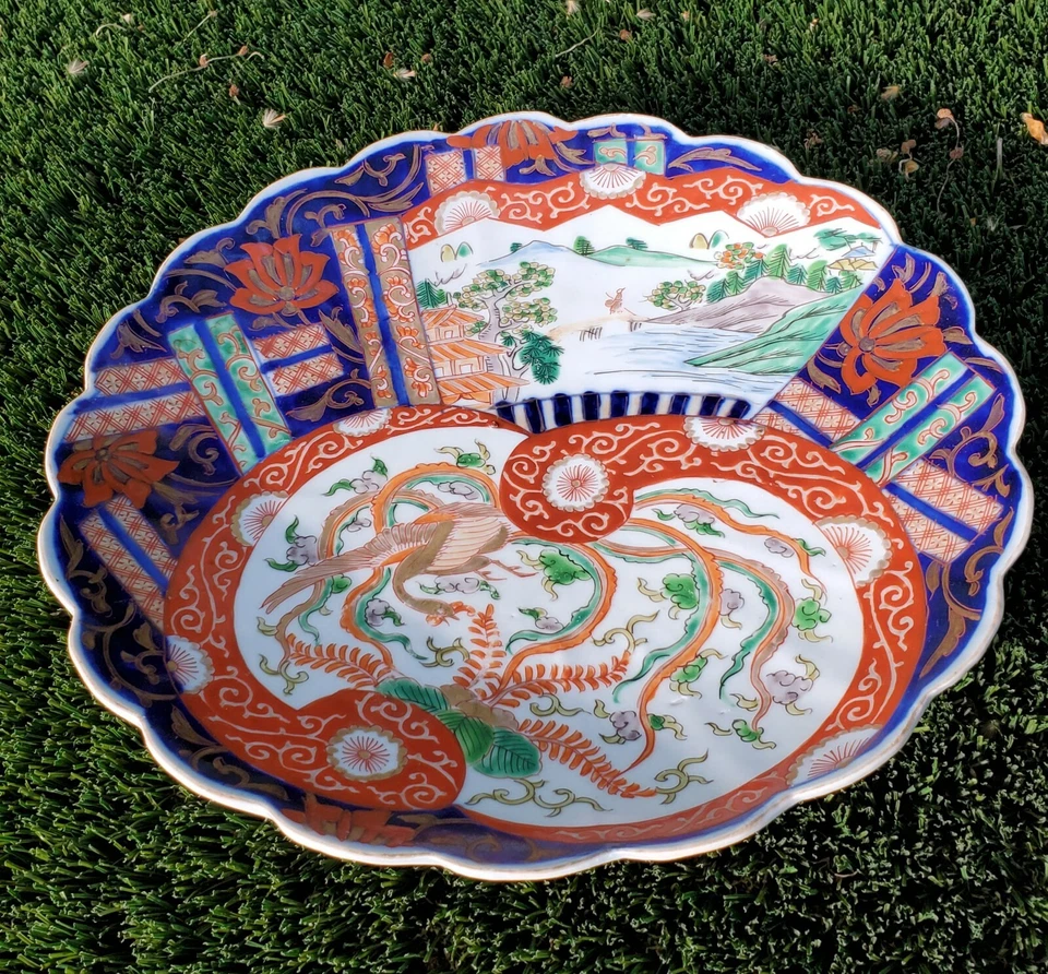 Antiguo cuenco estriado japonés Imari Phonenix pescador con borde festoneado 19c Foto 2 de 4