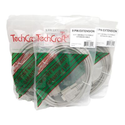 Lot of 3 TechCraft CX09B10 Serial Cable Extension, DB9M to DB9F Connection, 3m 