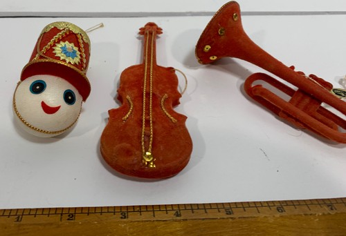 Lot 3 Star Band Flocked Ornaments Xmas Trumpet Violin Orange Red Vtg Instrument - Picture 5 of 12