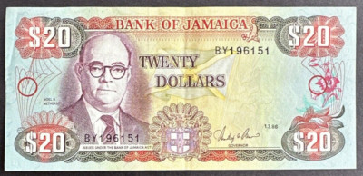 Jamaica 1985 $20 Circulated Banknote  1.3.86  Series BY Reduced Size issue