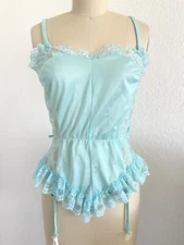Vintage NAN FLOWER Turquoise Womens S/M Satin Lace Garters Pinup Lingerie