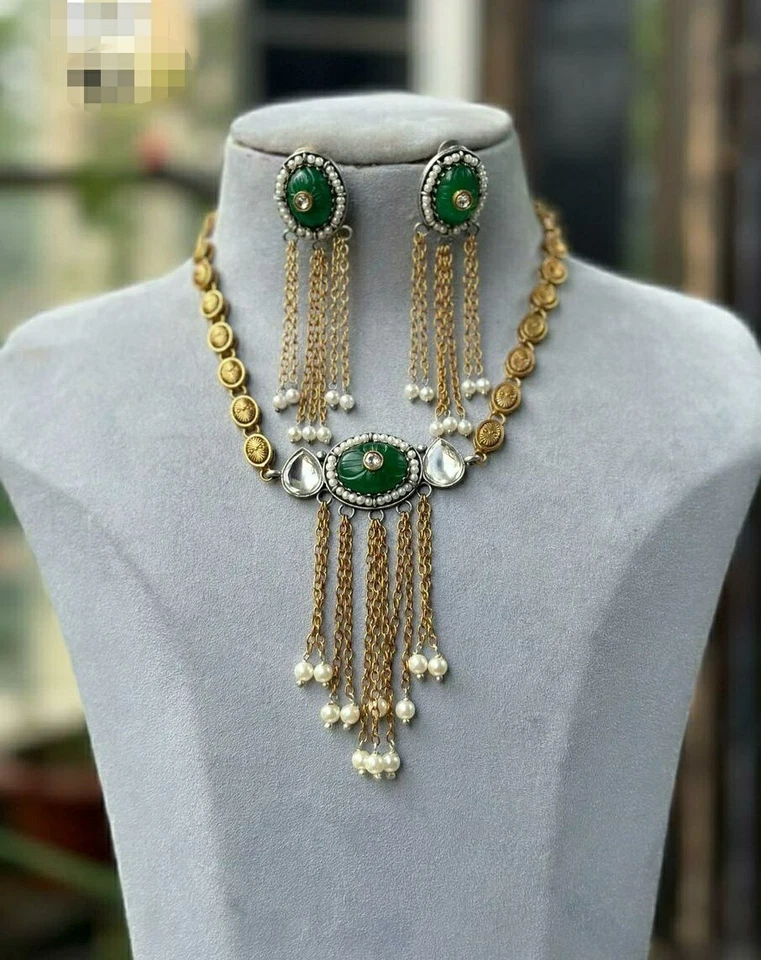 Juego de collar esmaltado real Kundan Bollywood chapado en oro verde joyería hecha a mano Foto 4 de 4