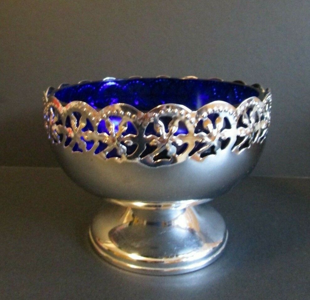 Vtg 💙 Art Deco CELTIC Signed Silverplate Sugar Bowl w Cobalt Glass Insert 💙