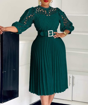 Elegant Solid Color Lace Crocheted Hollow Pleated Dress