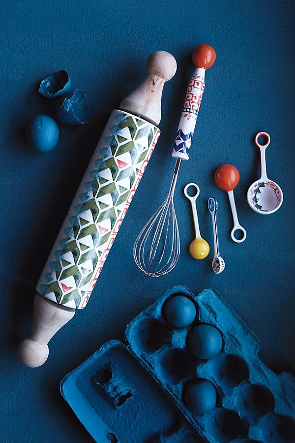 Anthropologie Rolling Pin ATOLL 16" Ceramic Wood Geometric Colorful Baking NIB