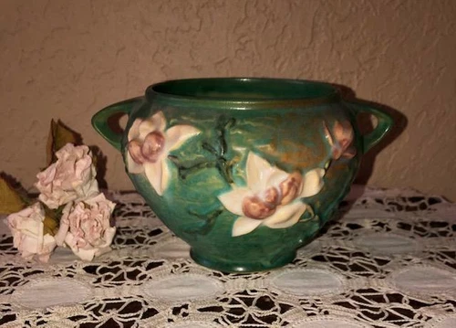 ROSEVILLE 665-4 USA POTTERY MAGNOLA GREEN ART DECO POTTERY JARDINERE POT