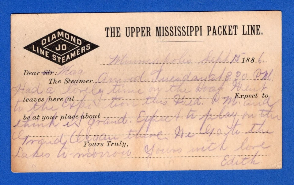 EE. UU., LA LÍNEA DE PAQUETES SUPERIOR MISSISSIPPI, PAPELERÍA POSTAL, 1886 Foto 2 de 2