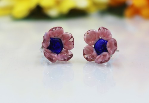 Ohrstecker Blüte Blumen Ohrringe Lampwork Rosa Nachtblau Edelstahl #AS028 - Bild 5 von 10