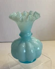 Vintage Fenton Light Blue Overlay Art Glass Melon Ruffled Vase 1940’s 6” Ht