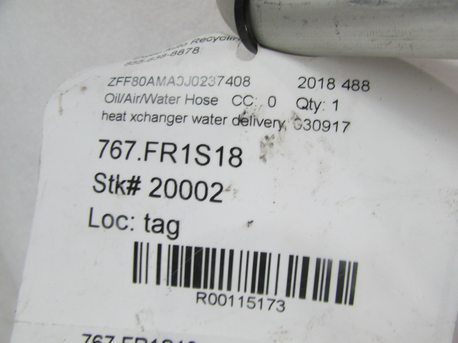 Ferrari 488, Transmission Heat Exchanger Water Delivery Pipe, Used, P/N 330917