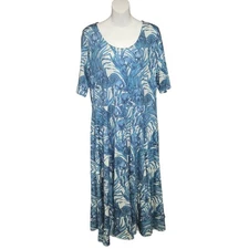 Peruvian Connection Pima Cotton Dress L Blue Floral Botanical Fit & Flare Midi