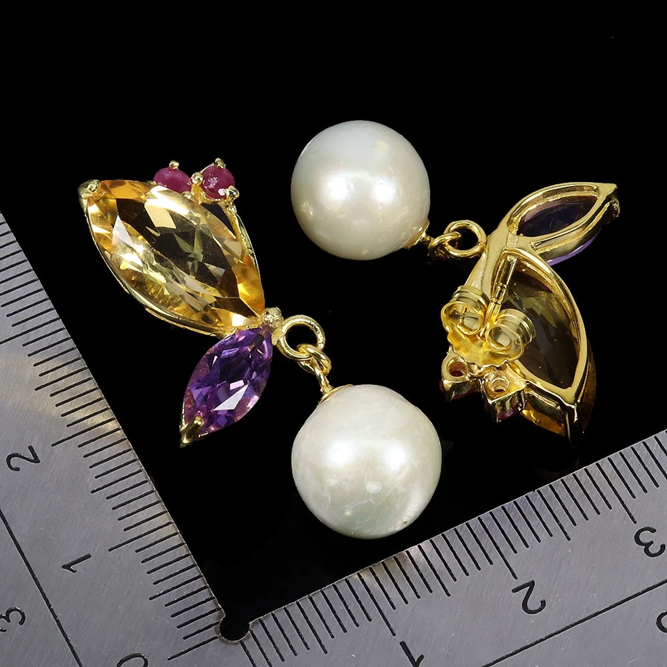 Orecchini In Argento Sterling 925 Con Gemme Di Citrino, Ametista E Perla - Immagine 3 di 4