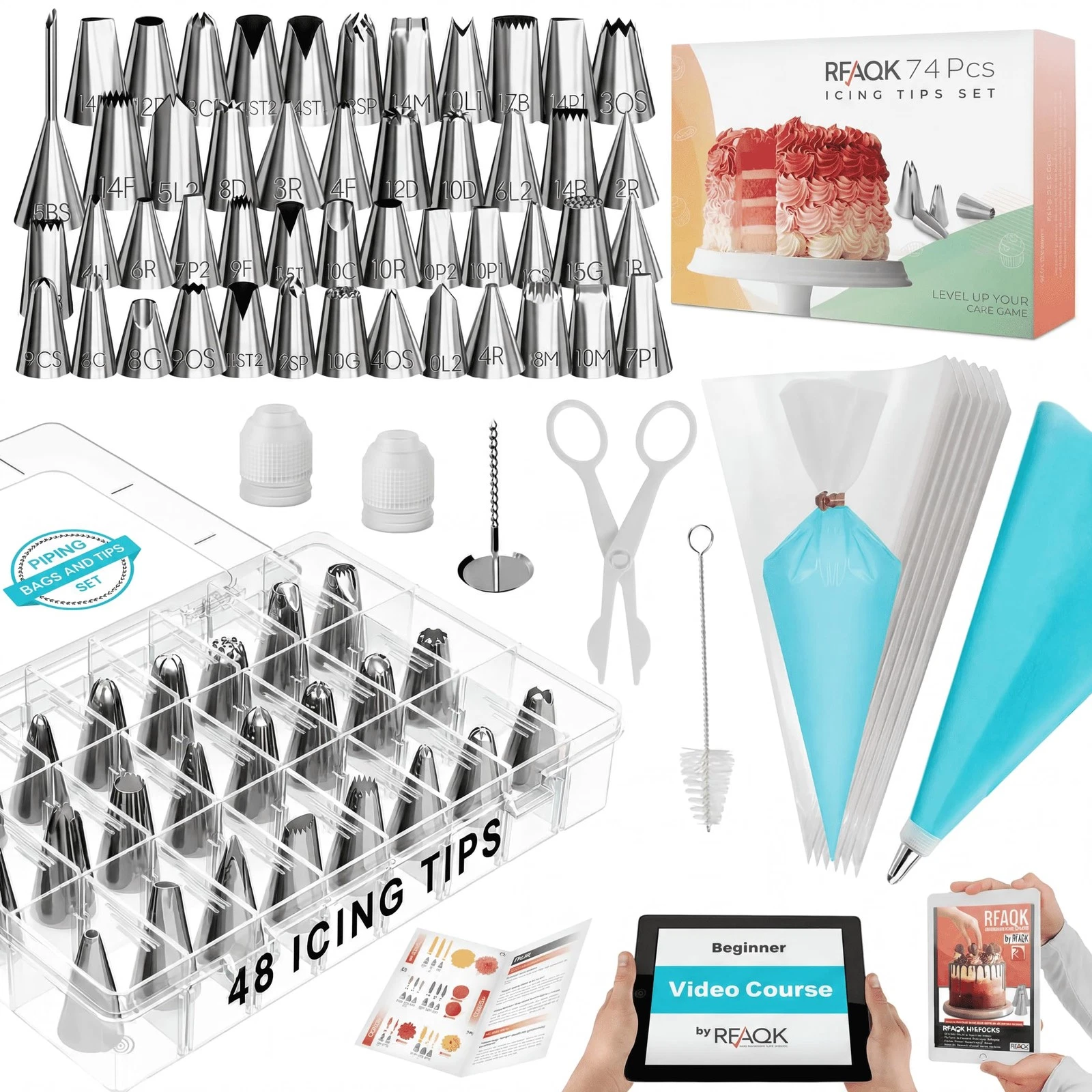 74 PCs Icing Piping Bags and Tips Set, Cake Decorating Kit with 48-Numbered P...
