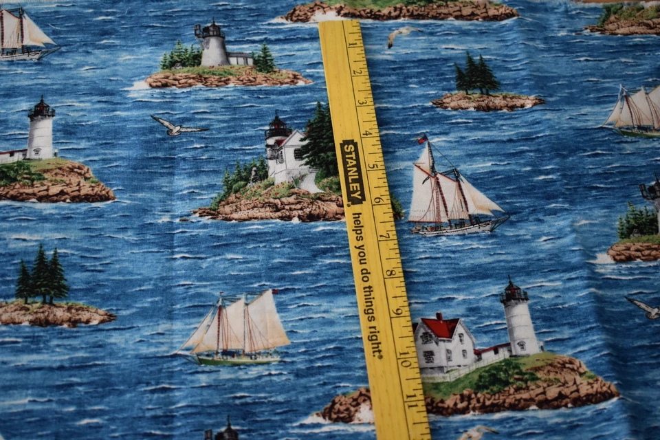 Lote de tecido 4 peças FAROL NAVIO MAR náutico REMANESCENTE DE SUCATA azul vermelho 1 jarda + - Imagem 3 de 4