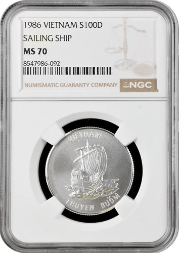 Vietnam 100 dong 1986, NGC MS70, "Vietnamese Junk" Top Pop silver coin