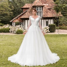 Elegant A-Line Wedding Dresses V-Neck Illusion Sleeves Lace Applique Bridal Gown
