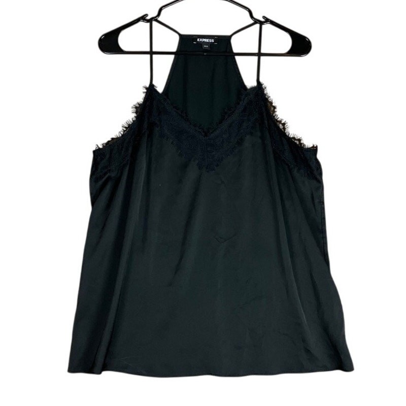 Express Womens Blouse Black V Neck Sleeveless Tank Lace Trim Stretch Large