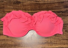 Victorias Secret 34B Bright Neon Pink Bikini Top Ruffle Strapless Padded Pushup