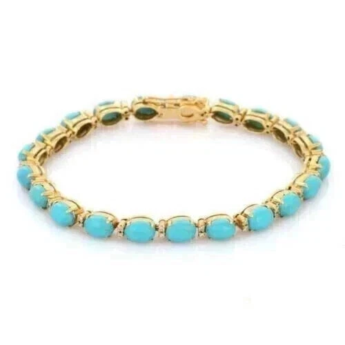 7Ct Oval Cut Lab Created Turquoise Women Tennis Bracelet 14k Yellow Gold Finish - Image 4 of 4