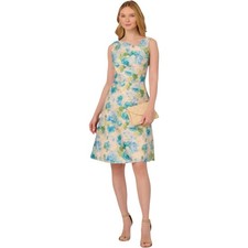 Adrianna Papell Metallic Floral Jacquard Asymmetric Neck Midi Dress Blue Size 4