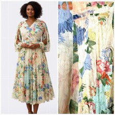 Siena~Floral Chiffon Pleated Split-Sleeves Fit-Flare Womans Dress 6 B34~W28~NWOT