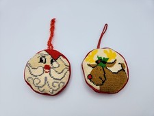 Vintage Christmas Needlepoint Santa and Reindeer Ornaments Set of 2