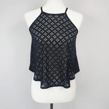 DG NY Black Eyelet Floral Open Back Knit Halter Top Women’s Size S Jrs.