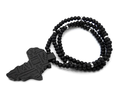 RAPPER STYLE BLACK AFRICA PENDANT & 6mm 26" WOODEN BEAD CHAIN HIP HOP NECKLACE - Picture 15 of 15