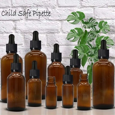 AMBER Glass Dropper Bottle with Child Resistant Pipettes Oils Aromatherapy UK